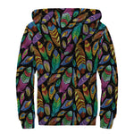 Bohemian Feather Pattern Print Sherpa Lined Zip Up Hoodie