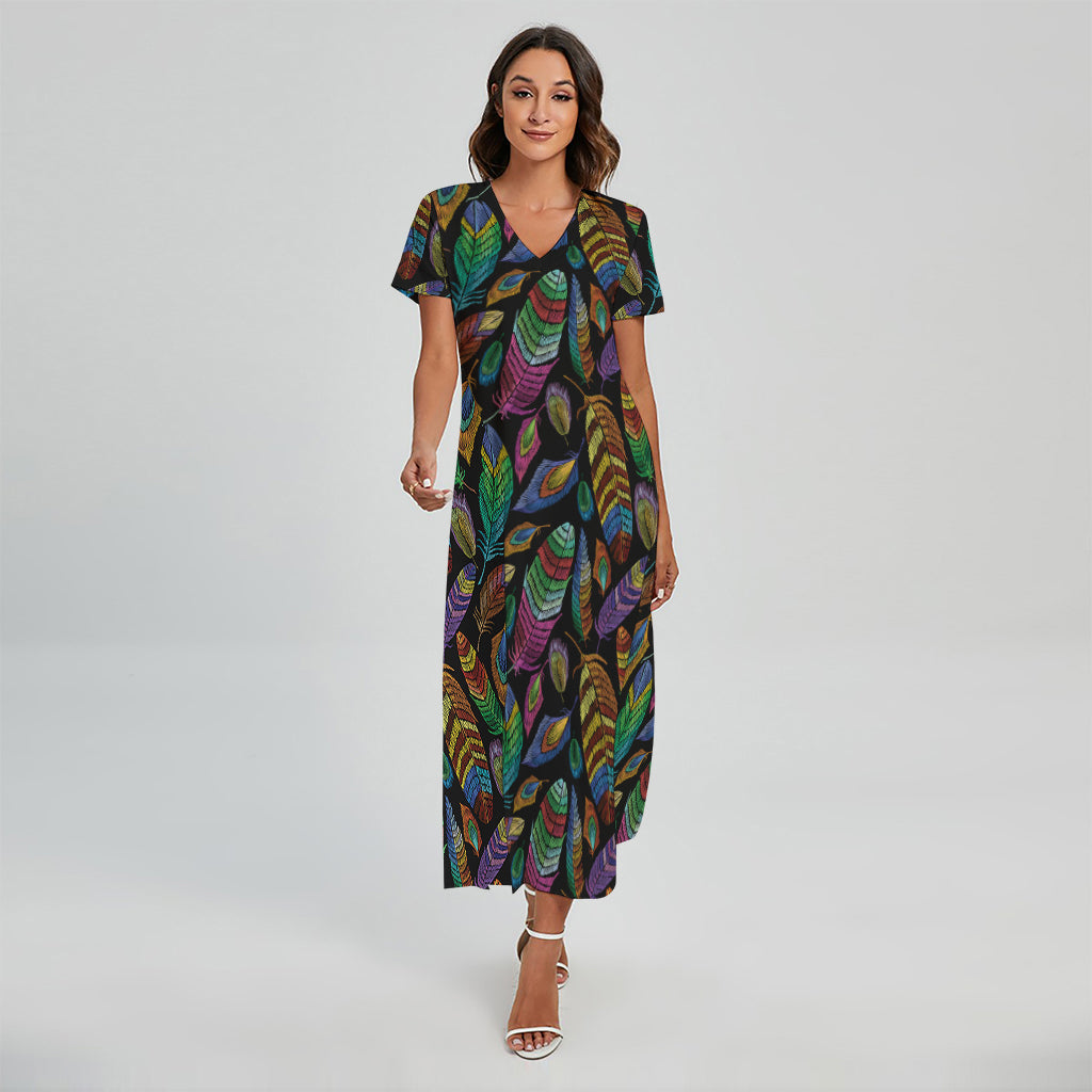 Bohemian Feather Pattern Print Short Sleeve Maxi Dress