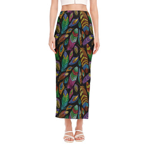 Bohemian Feather Pattern Print Side Slit Maxi Skirt