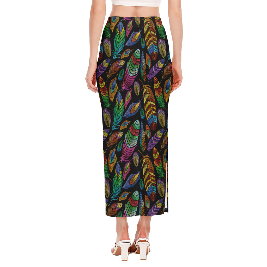 Bohemian Feather Pattern Print Side Slit Maxi Skirt