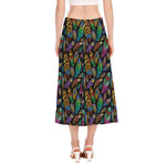 Bohemian Feather Pattern Print Side Slit Midi Skirt