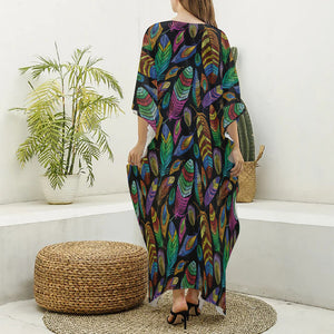 Bohemian Feather Pattern Print Silk V-Neck Kaftan Dress