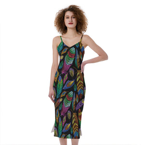 Bohemian Feather Pattern Print Slim Fit Midi Cami Dress