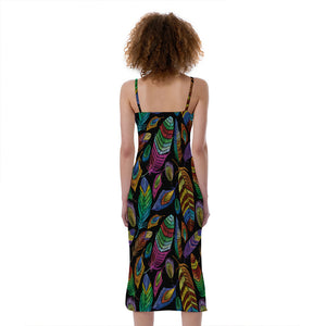 Bohemian Feather Pattern Print Slim Fit Midi Cami Dress