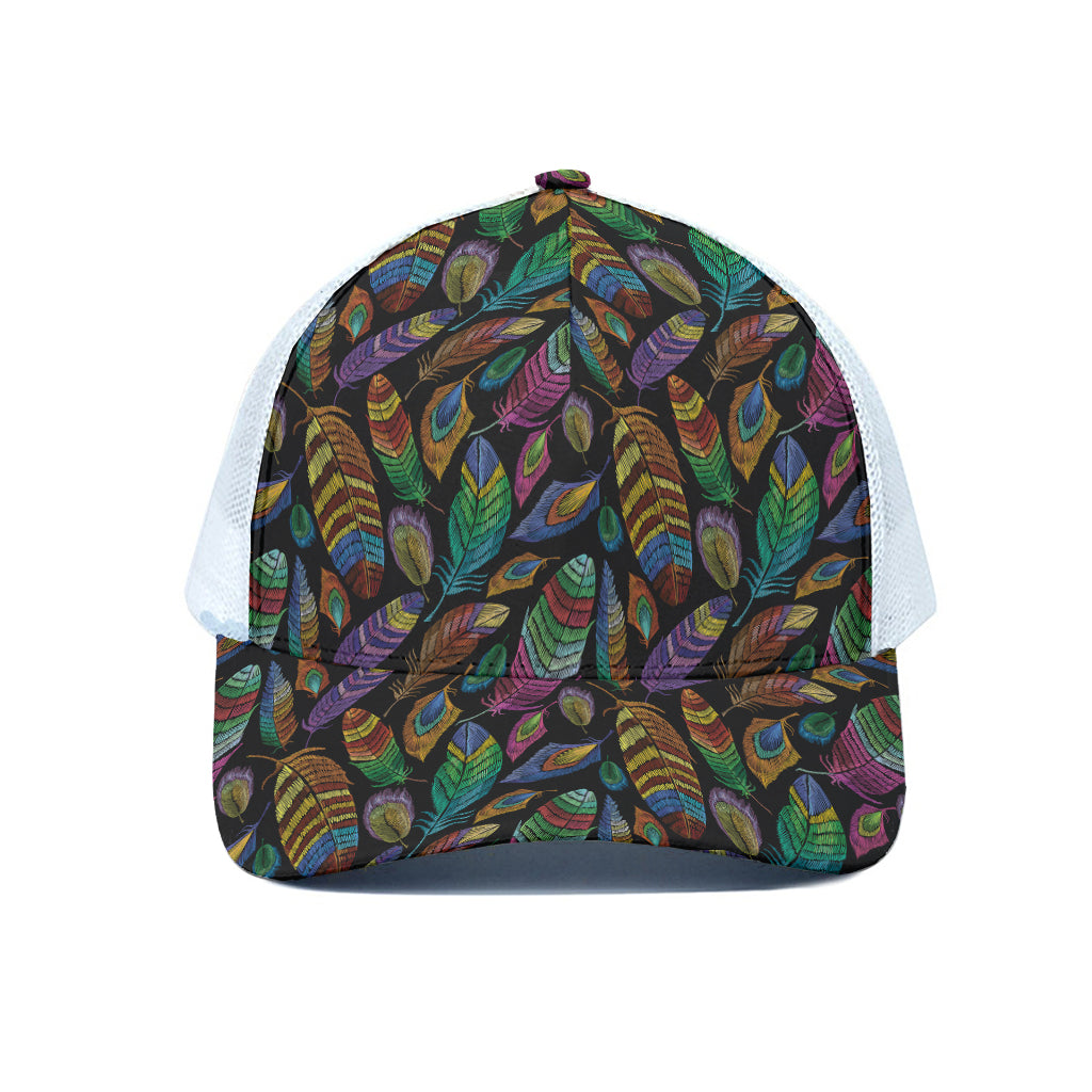 Bohemian Feather Pattern Print White Mesh Trucker Cap