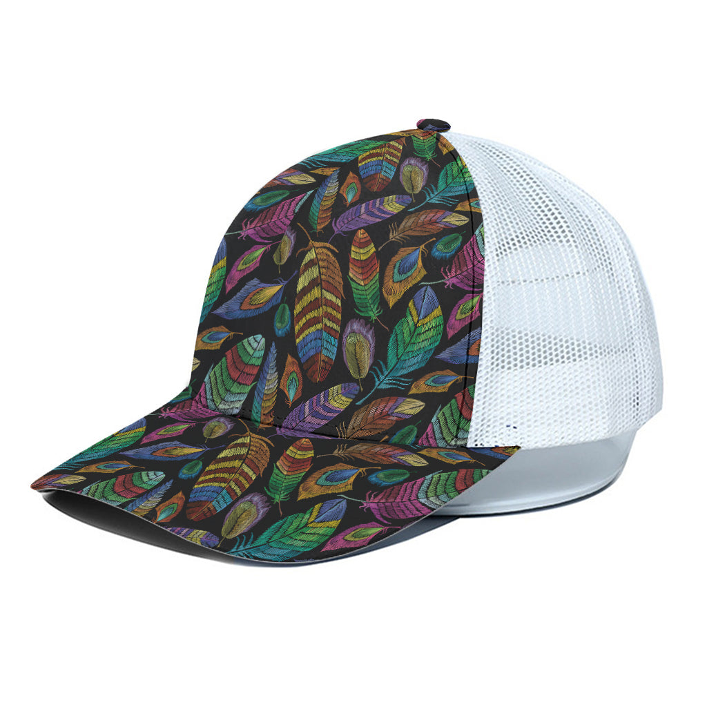 Bohemian Feather Pattern Print White Mesh Trucker Cap