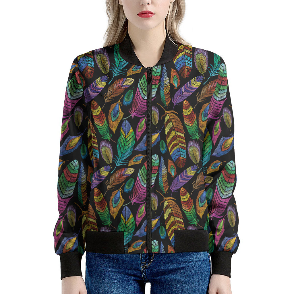 Bohemian Feather Pattern Print Women's Bomber Jacket