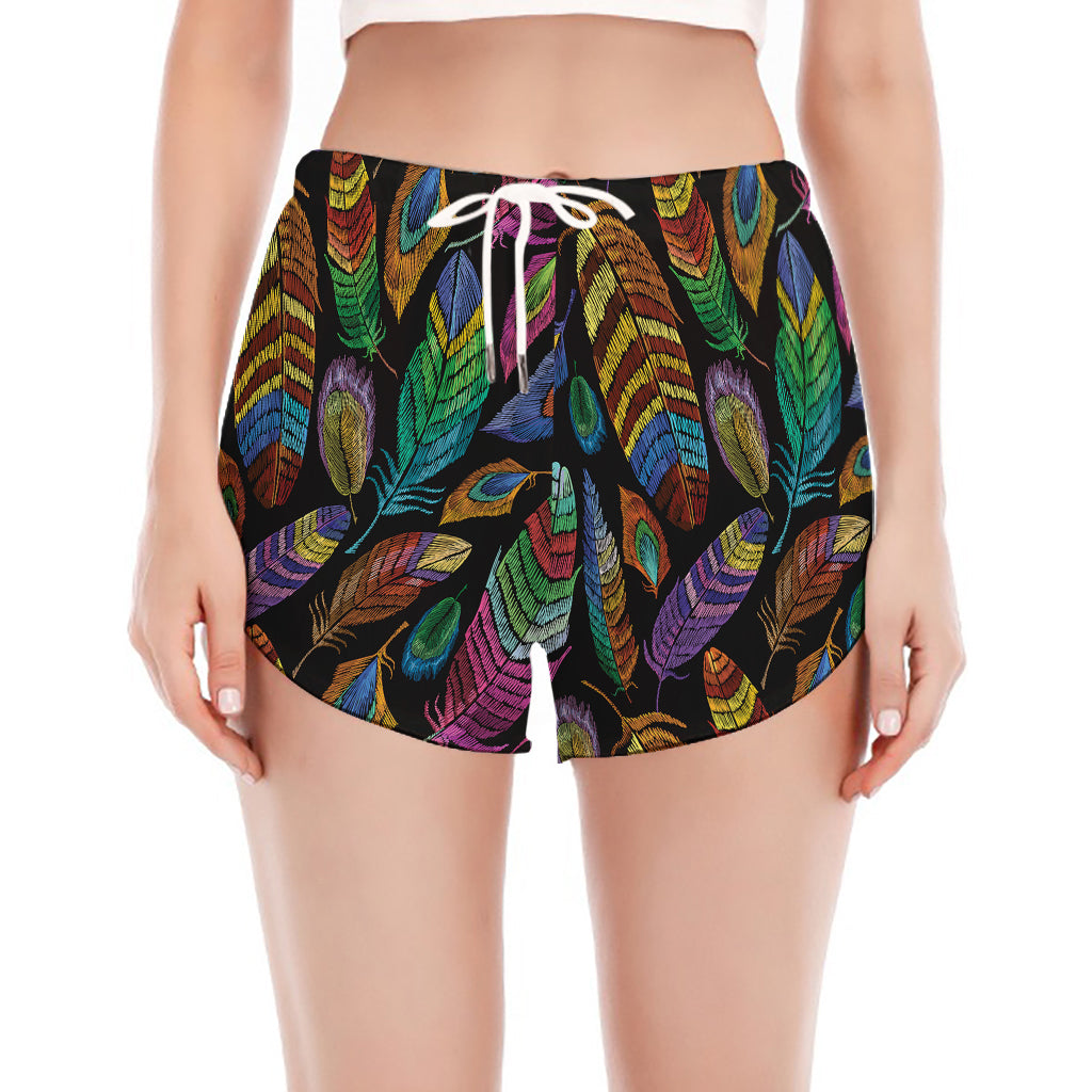 Bohemian Feather Pattern Print Women's Split Running Shorts