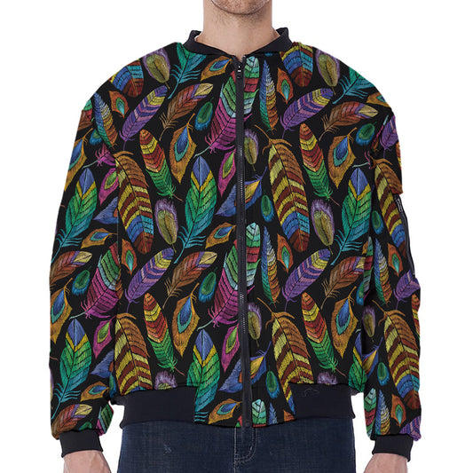 Bohemian Feather Pattern Print Zip Sleeve Bomber Jacket