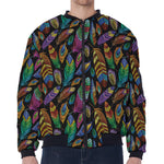 Bohemian Feather Pattern Print Zip Sleeve Bomber Jacket