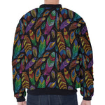 Bohemian Feather Pattern Print Zip Sleeve Bomber Jacket