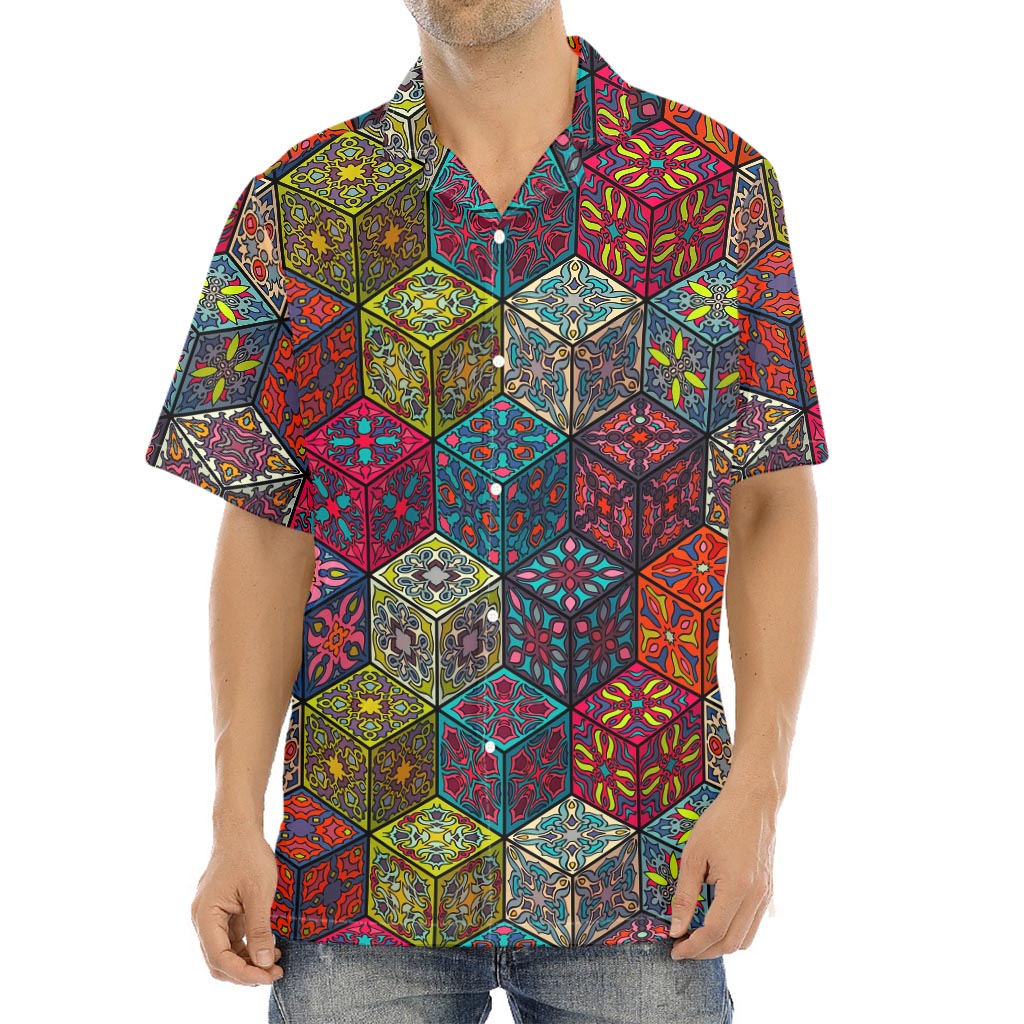 Bohemian Indian Box Pattern Print Aloha Shirt