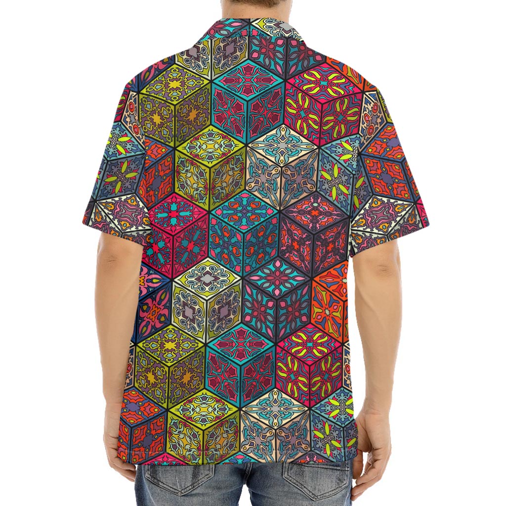 Bohemian Indian Box Pattern Print Aloha Shirt