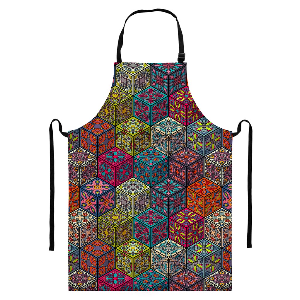 Bohemian Indian Box Pattern Print Bib Apron With Pocket
