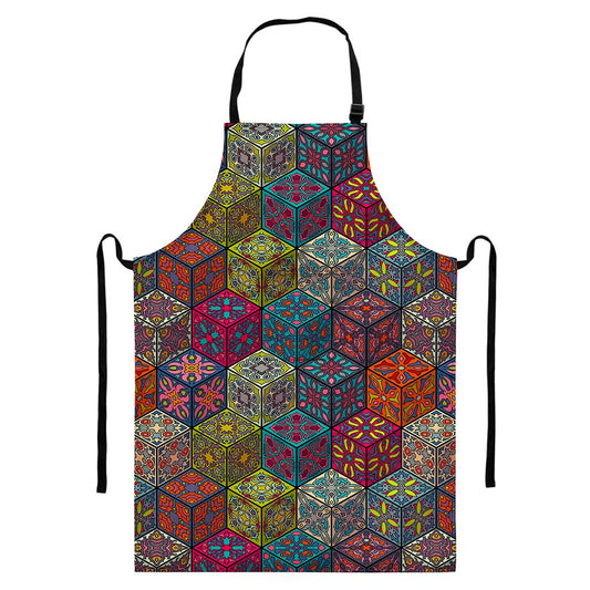Bohemian Indian Box Pattern Print Bib Apron With Pocket