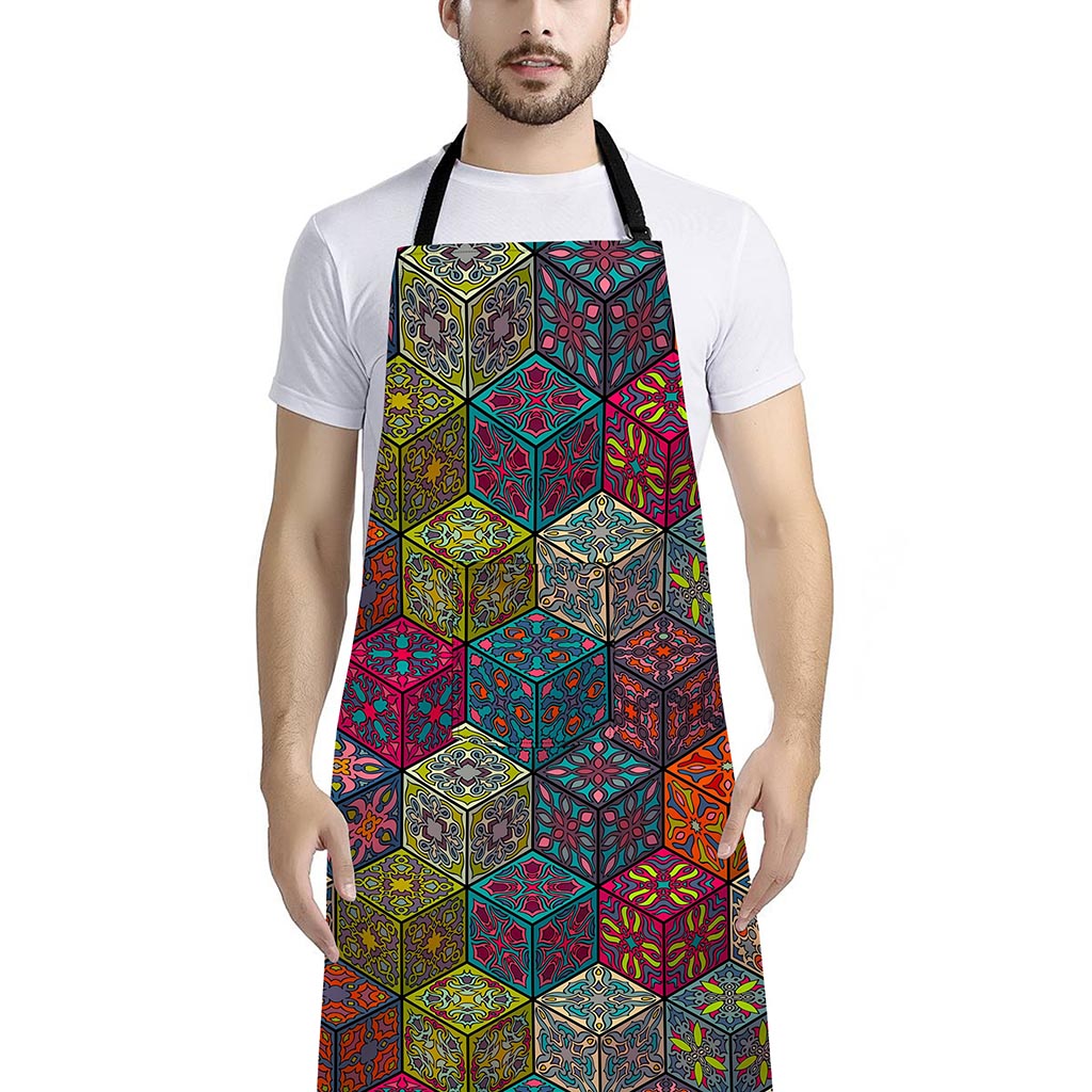 Bohemian Indian Box Pattern Print Bib Apron With Pocket