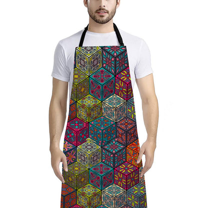 Bohemian Indian Box Pattern Print Bib Apron With Pocket
