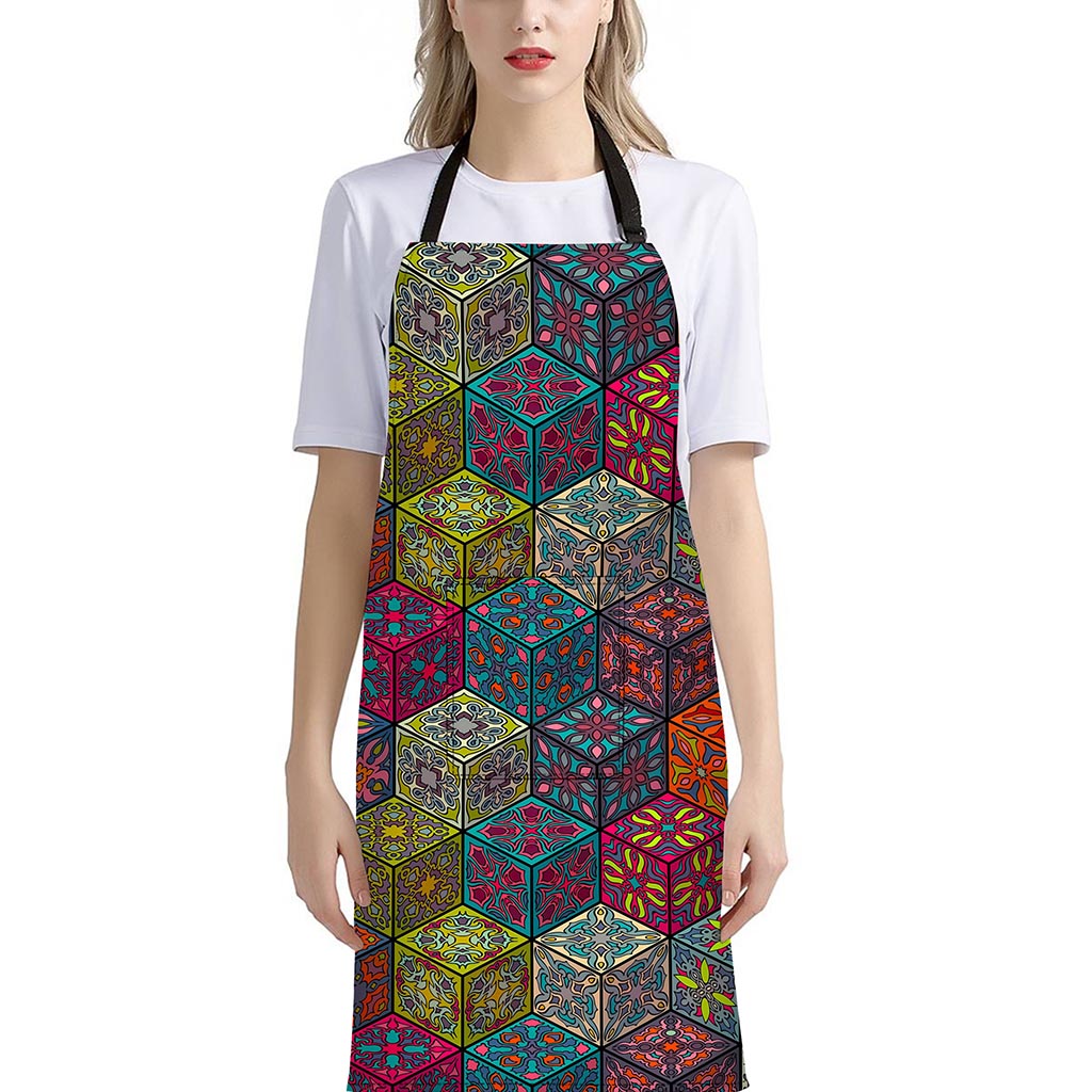 Bohemian Indian Box Pattern Print Bib Apron With Pocket