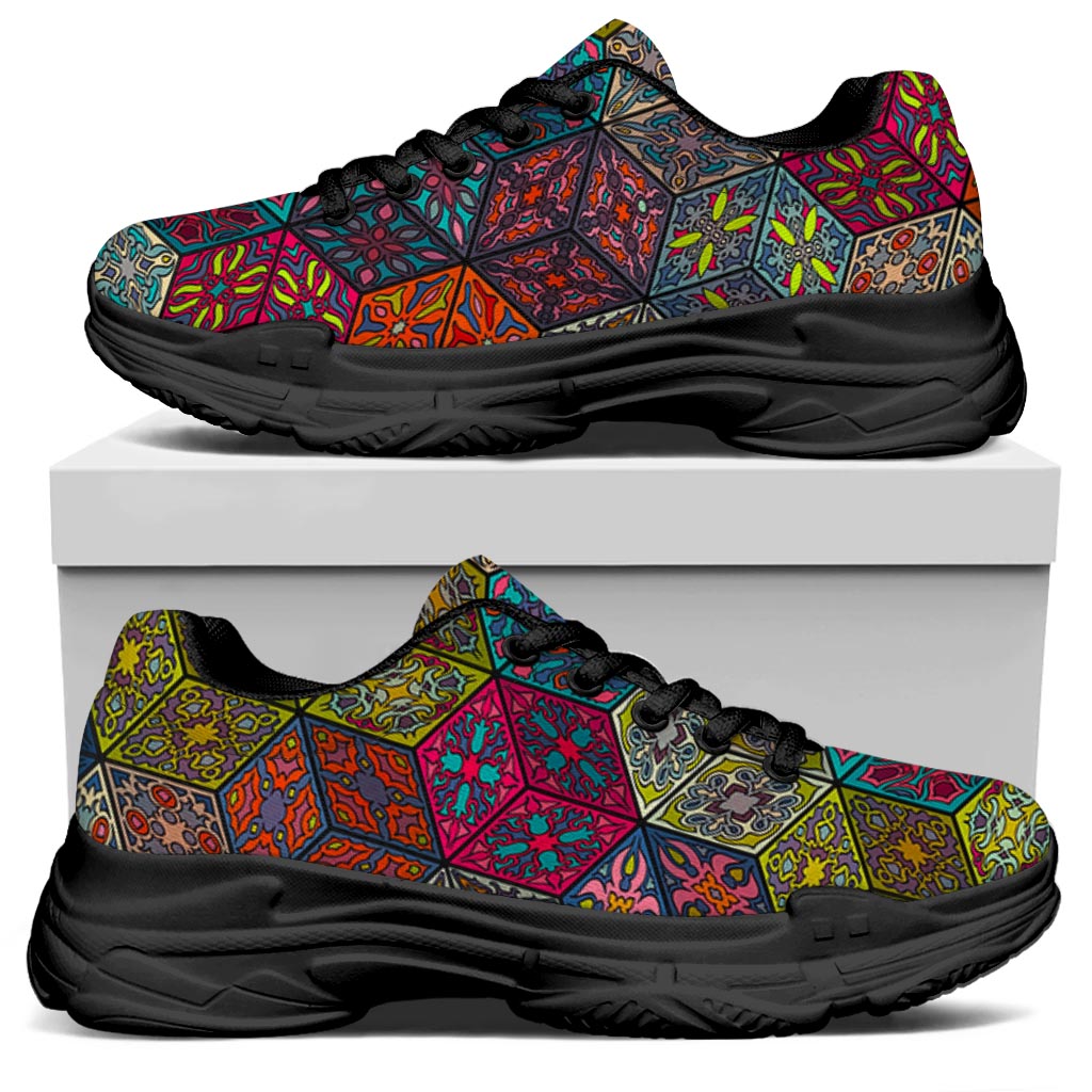 Bohemian Indian Box Pattern Print Black Chunky Shoes