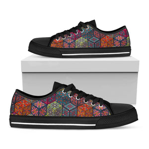 Bohemian Indian Box Pattern Print Black Low Top Sneakers