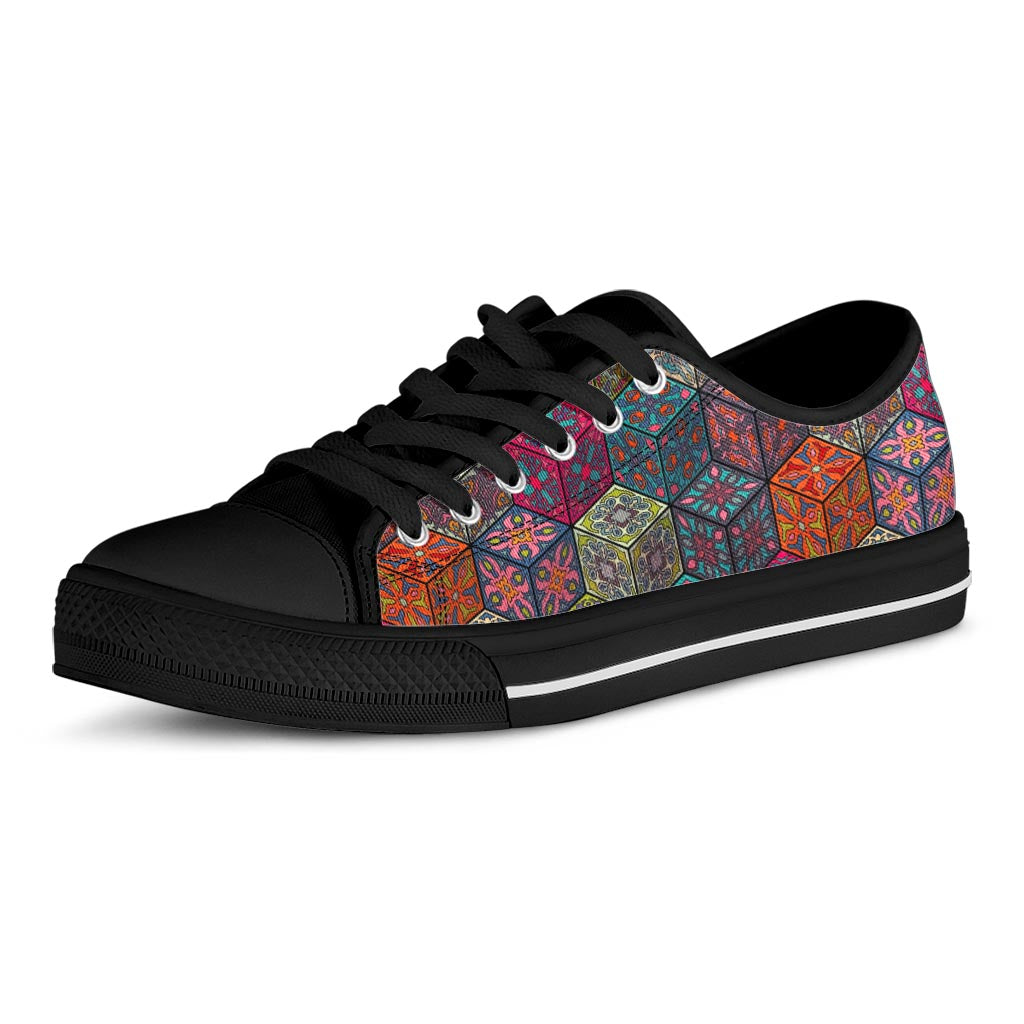 Bohemian Indian Box Pattern Print Black Low Top Sneakers