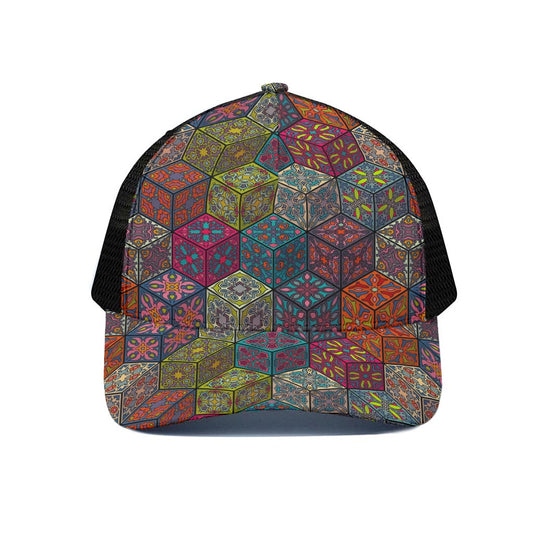 Bohemian Indian Box Pattern Print Black Mesh Trucker Cap