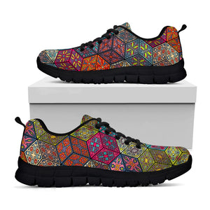 Bohemian Indian Box Pattern Print Black Running Shoes