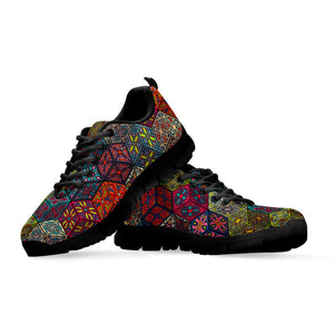 Bohemian Indian Box Pattern Print Black Running Shoes