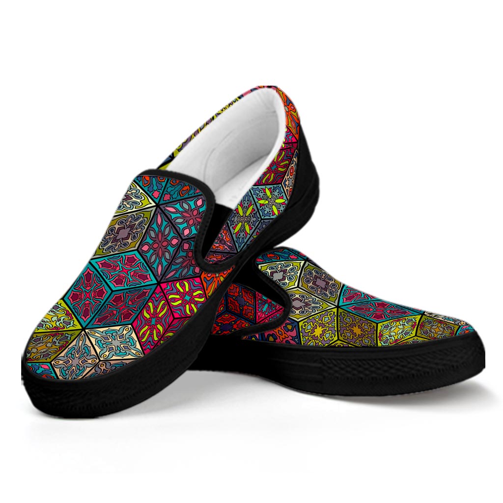 Bohemian Indian Box Pattern Print Black Slip On Sneakers