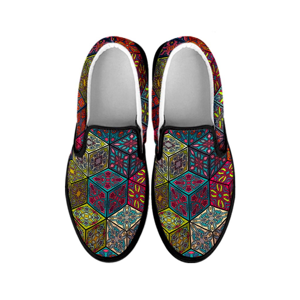 Bohemian Indian Box Pattern Print Black Slip On Sneakers