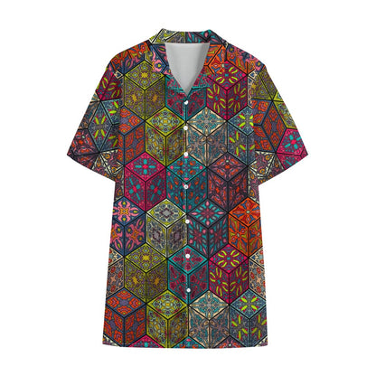 Bohemian Indian Box Pattern Print Cotton Hawaiian Shirt
