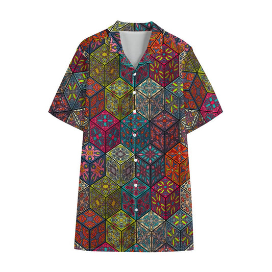 Bohemian Indian Box Pattern Print Cotton Hawaiian Shirt