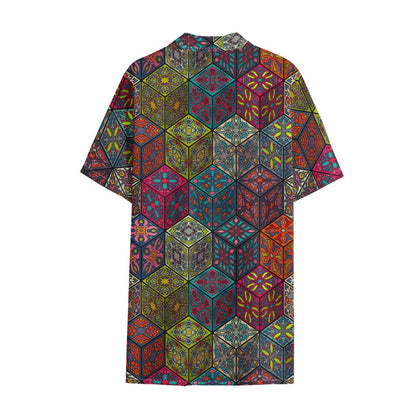 Bohemian Indian Box Pattern Print Cotton Hawaiian Shirt