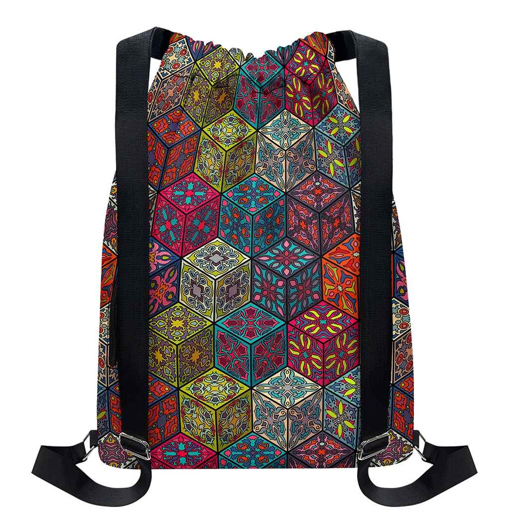 Bohemian Indian Box Pattern Print Drawstring Backpack