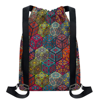 Bohemian Indian Box Pattern Print Drawstring Backpack
