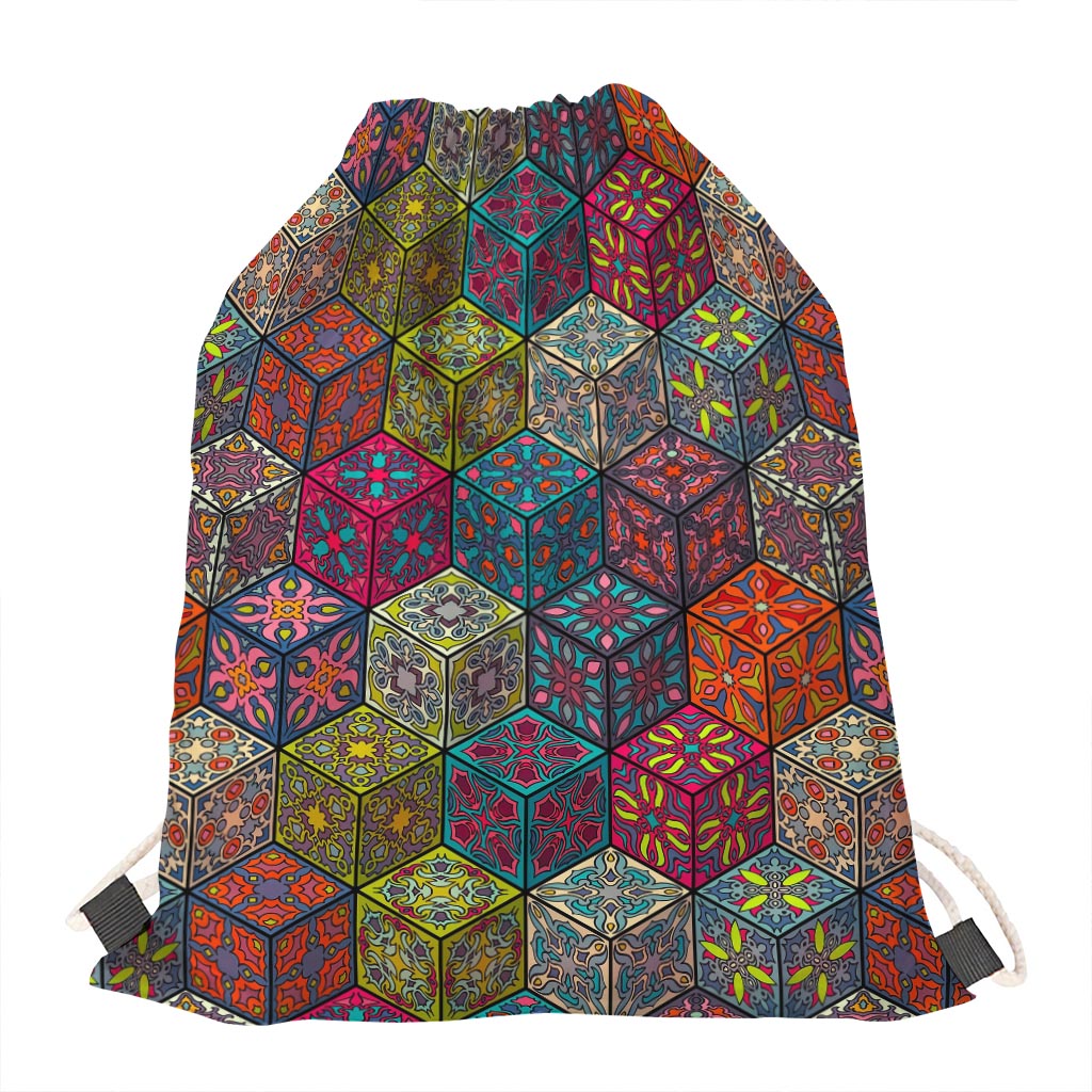 Bohemian Indian Box Pattern Print Drawstring Bag