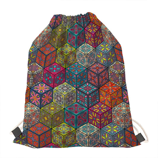 Bohemian Indian Box Pattern Print Drawstring Bag