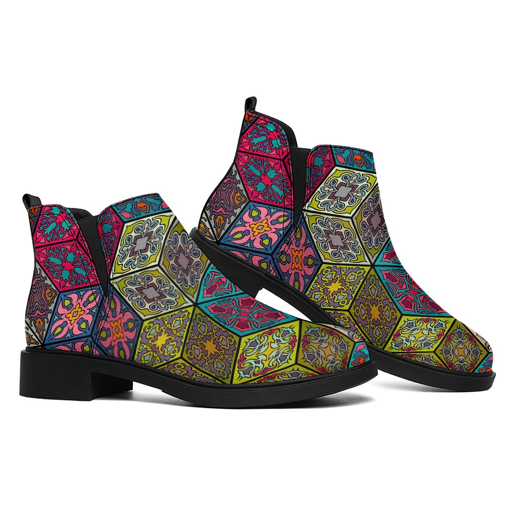 Bohemian Indian Box Pattern Print Flat Ankle Boots