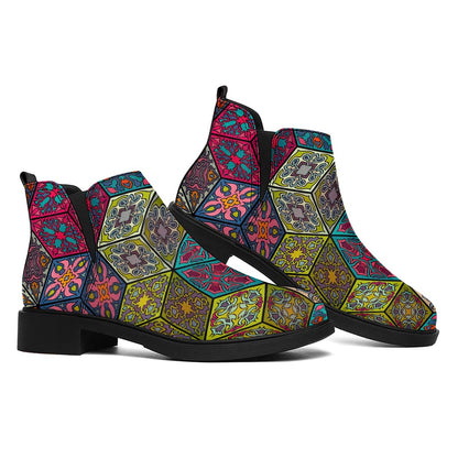 Bohemian Indian Box Pattern Print Flat Ankle Boots
