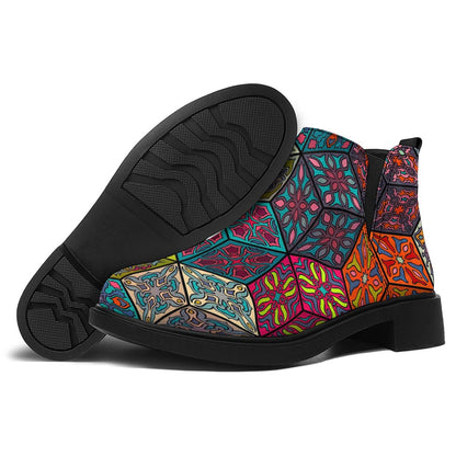 Bohemian Indian Box Pattern Print Flat Ankle Boots