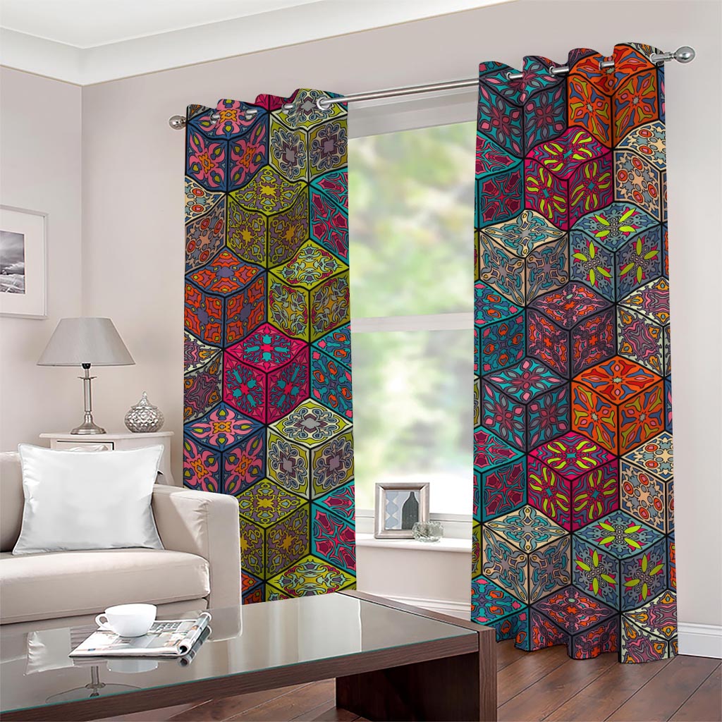 Bohemian Indian Box Pattern Print Grommet Curtains