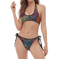 Bohemian Indian Box Pattern Print Halter Scoop Tie Side Bikini