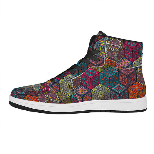 Bohemian Indian Box Pattern Print High Top Leather Sneakers
