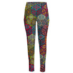 Bohemian Indian Box Pattern Print High-Waisted Pocket Leggings