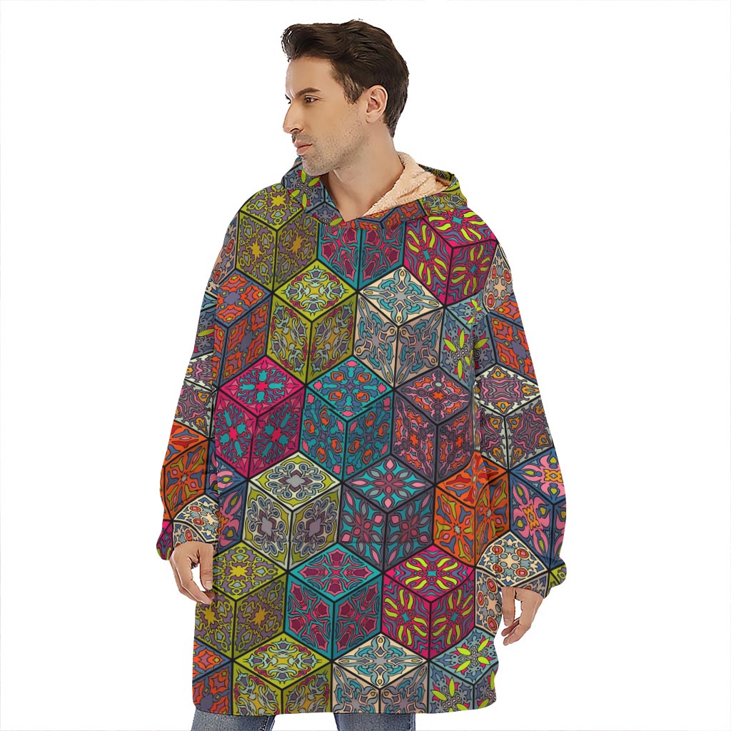 Bohemian Indian Box Pattern Print Hoodie Blanket