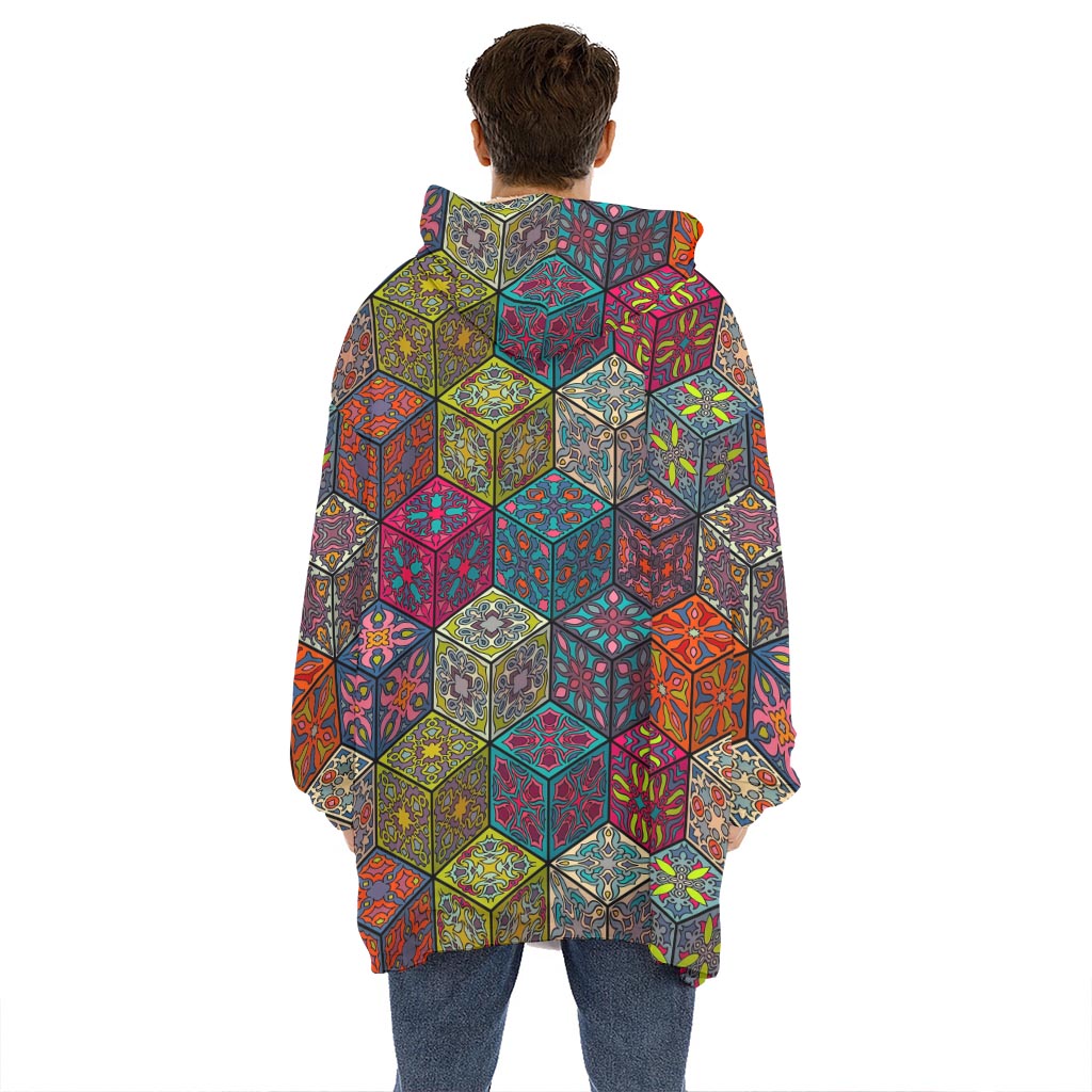 Bohemian Indian Box Pattern Print Hoodie Blanket