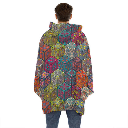 Bohemian Indian Box Pattern Print Hoodie Blanket