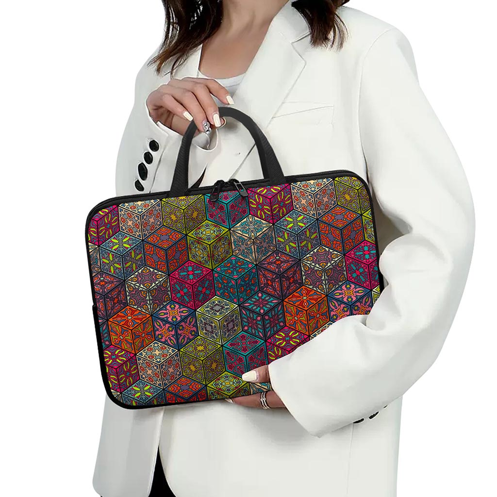 Bohemian Indian Box Pattern Print Laptop Sleeve With Handle