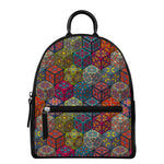 Bohemian Indian Box Pattern Print Leather Backpack