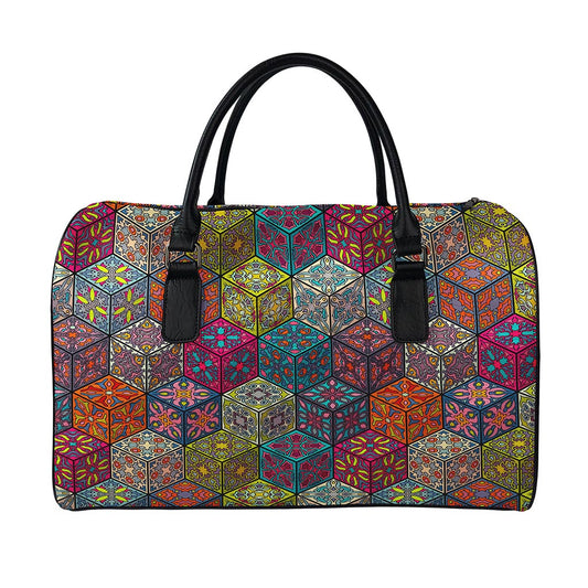 Bohemian Indian Box Pattern Print Leather Duffle Bag